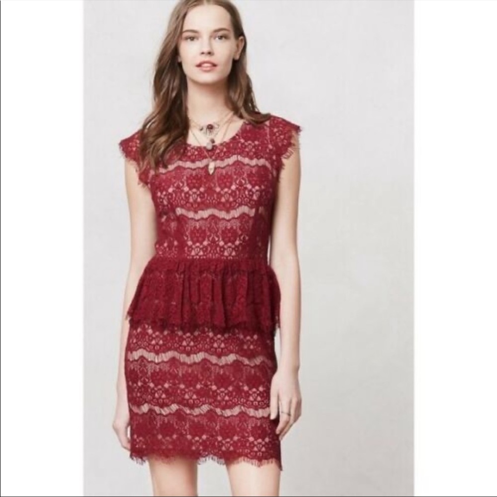 ANTHROPOLOGIE Maeve Elsa burgundy peplum lace dress size small like new
